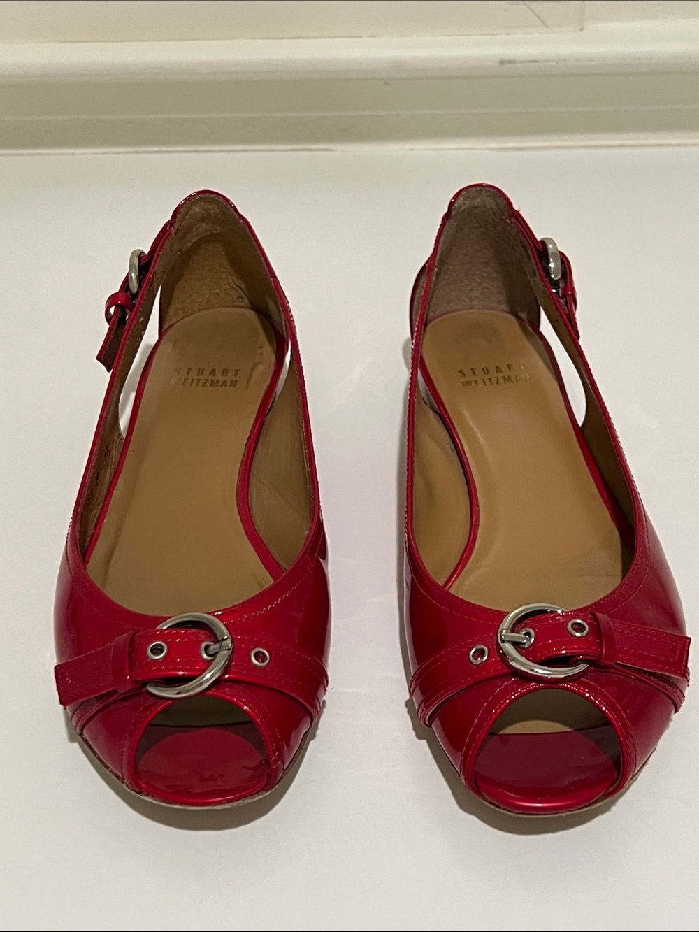Stuart Weitzman Red Leather Peep-Toe Slingback Flats with Buckle
